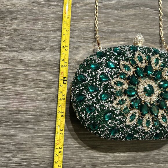 Ramla Bejeweled Crystal Evening Bag Emerald Green Chain Strap Top Handle Formal - Picture 11 of 14